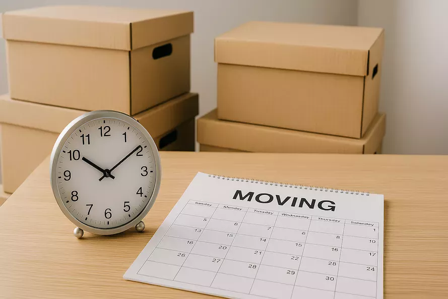 “Klocka, kalender och flyttlådor på bord – symboliserar tidsplanering, struktur och uppskattad tidsåtgång för en effektiv flytt”